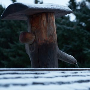 Wooden water pump covered in snow