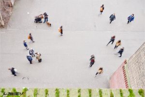 Composite of multiple exposures of the street scene outside the Tate Modern as viewed from the balcony, each showing some degree of motion blur